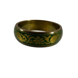 Vintage Brass Plastic Green Paisley Brocade Bangle Bracelet 2.5" Wide